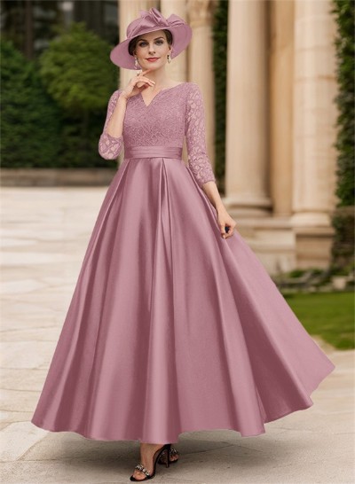 A-Line V-Neck 3/4 Sleeves Floor-Length Satin Mother Of The Bride Dresses