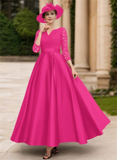 A-Line V-Neck 3/4 Sleeves Floor-Length Satin Mother Of The Bride Dresses