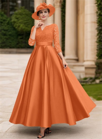 A-Line V-Neck 3/4 Sleeves Floor-Length Satin Mother Of The Bride Dresses