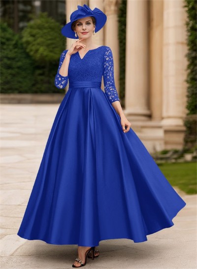 A-Line V-Neck 3/4 Sleeves Floor-Length Satin Mother Of The Bride Dresses