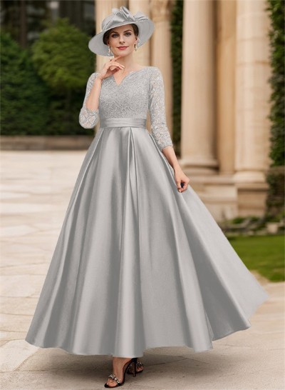 A-Line V-Neck 3/4 Sleeves Floor-Length Satin Mother Of The Bride Dresses