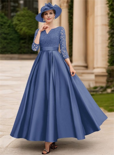 A-Line V-Neck 3/4 Sleeves Floor-Length Satin Mother Of The Bride Dresses