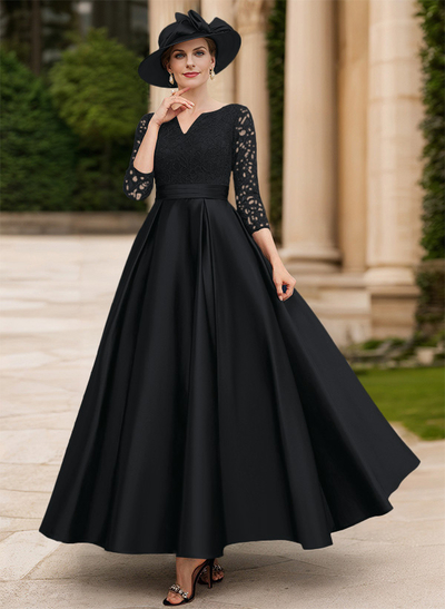 A-Line V-Neck 3/4 Sleeves Floor-Length Satin Mother Of The Bride Dresses