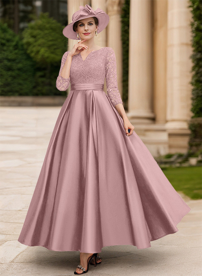 A-Line V-Neck 3/4 Sleeves Floor-Length Satin Mother Of The Bride Dresses