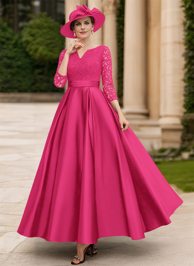 A-Line V-Neck 3/4 Sleeves Floor-Length Satin Mother Of The Bride Dresses