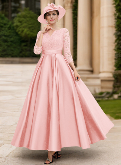 A-Line V-Neck 3/4 Sleeves Floor-Length Satin Mother Of The Bride Dresses