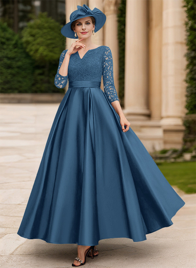 A-Line V-Neck 3/4 Sleeves Floor-Length Satin Mother Of The Bride Dresses