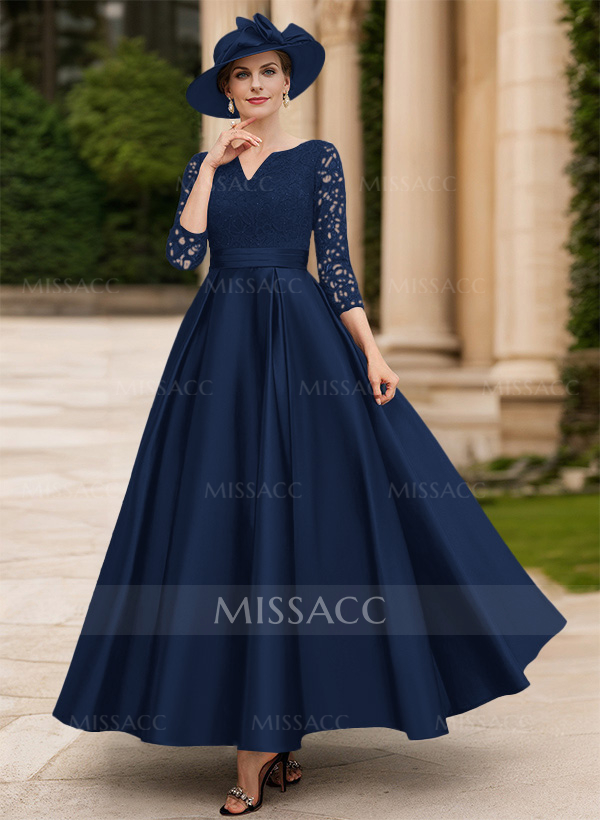 A-Line V-Neck 3/4 Sleeves Floor-Length Satin Mother Of The Bride Dresses