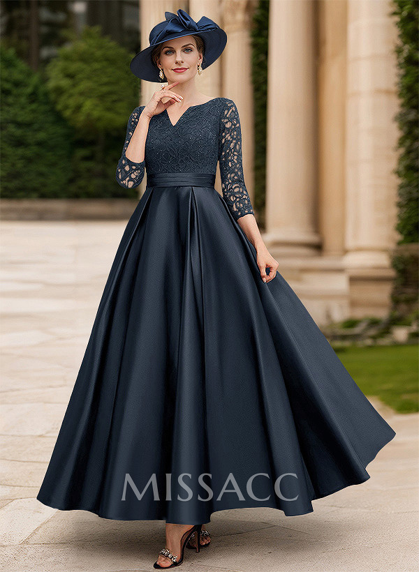A-Line V-Neck 3/4 Sleeves Floor-Length Satin Mother Of The Bride Dresses A-Line V-Neck 3/4 Sleeves Floor-Length Satin Mother Of The Bride Dresses
