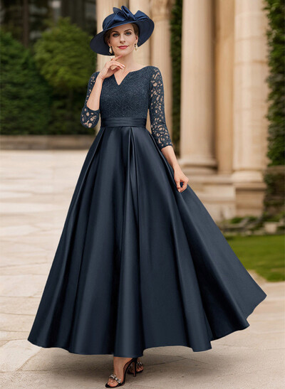 A-Line V-Neck 3/4 Sleeves Floor-Length Satin Mother Of The Bride Dresses