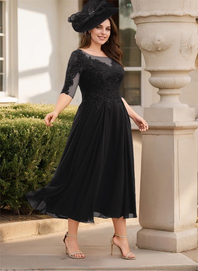 A-Line Illusion Neck Chiffon Mother Of The Bride Dresses With Appliques Lace