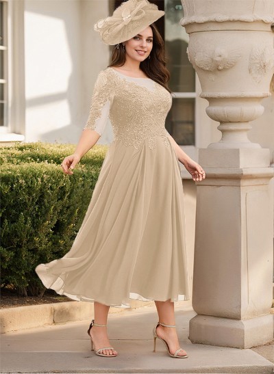 A-Line Illusion Neck Chiffon Mother Of The Bride Dresses With Appliques Lace