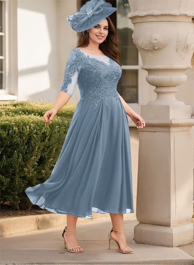 A-Line Illusion Neck Chiffon Mother Of The Bride Dresses With Appliques Lace
