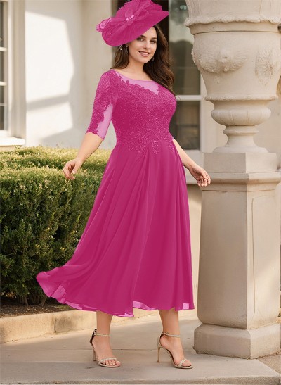 A-Line Illusion Neck Chiffon Mother Of The Bride Dresses With Appliques Lace