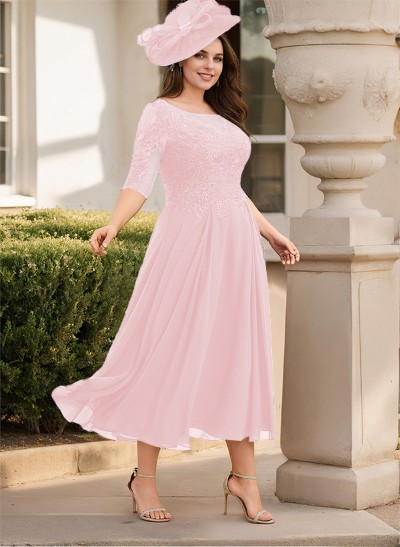 A-Line Illusion Neck Chiffon Mother Of The Bride Dresses With Appliques Lace