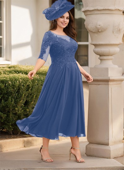 A-Line Illusion Neck Chiffon Mother Of The Bride Dresses With Appliques Lace