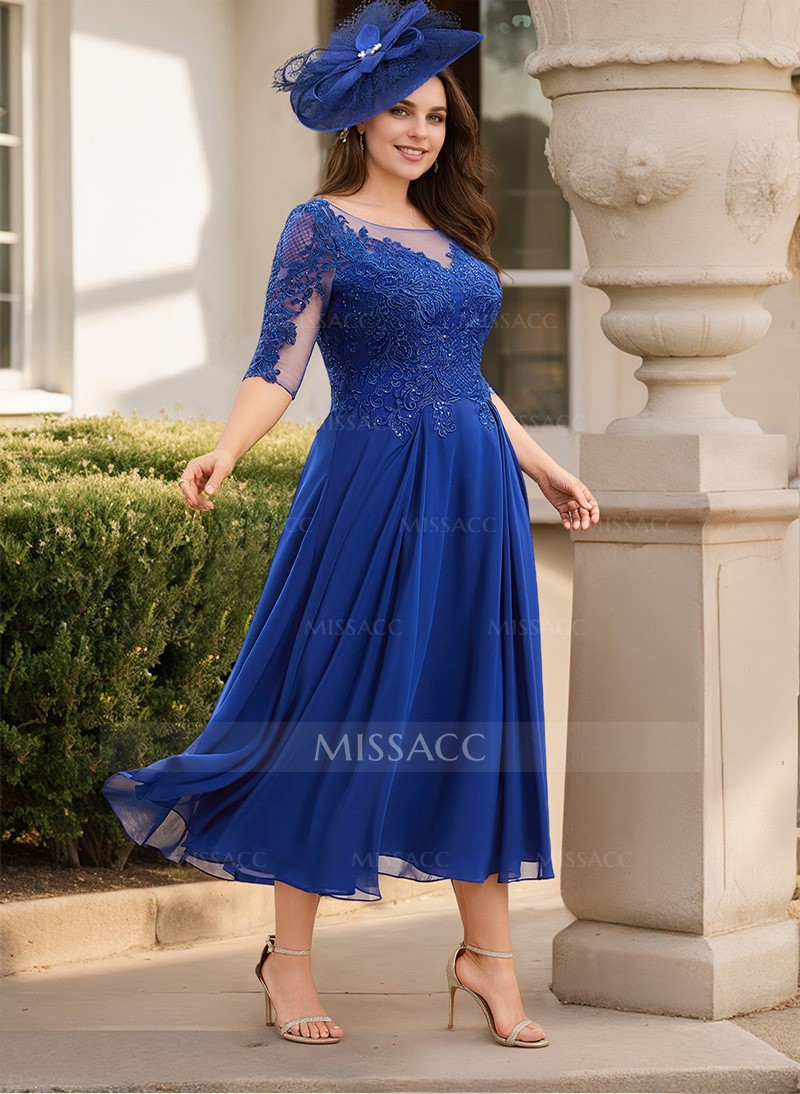 A-Line Illusion Neck Chiffon Mother Of The Bride Dresses With Appliques Lace