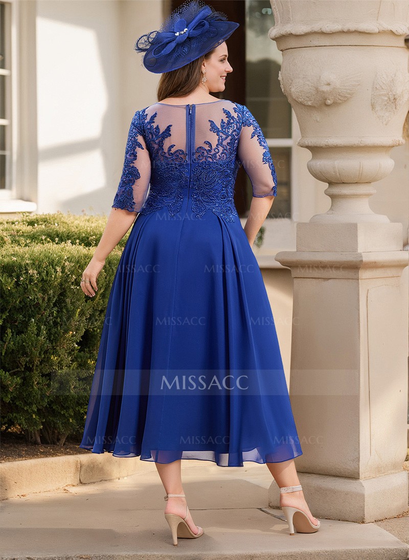 A-Line Illusion Neck Chiffon Mother Of The Bride Dresses With Appliques Lace