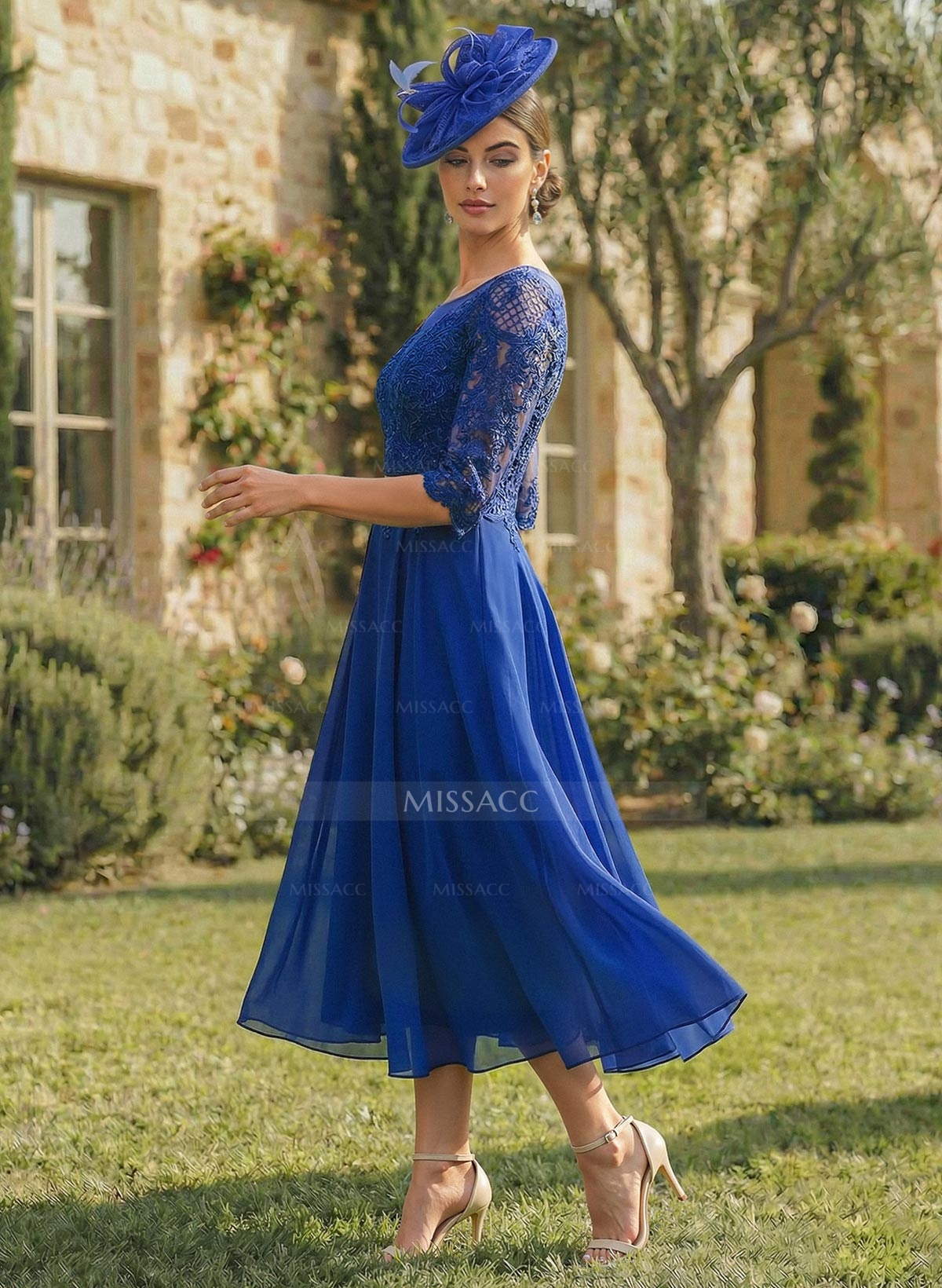 A-Line Illusion Neck Chiffon Mother Of The Bride Dresses With Appliques Lace