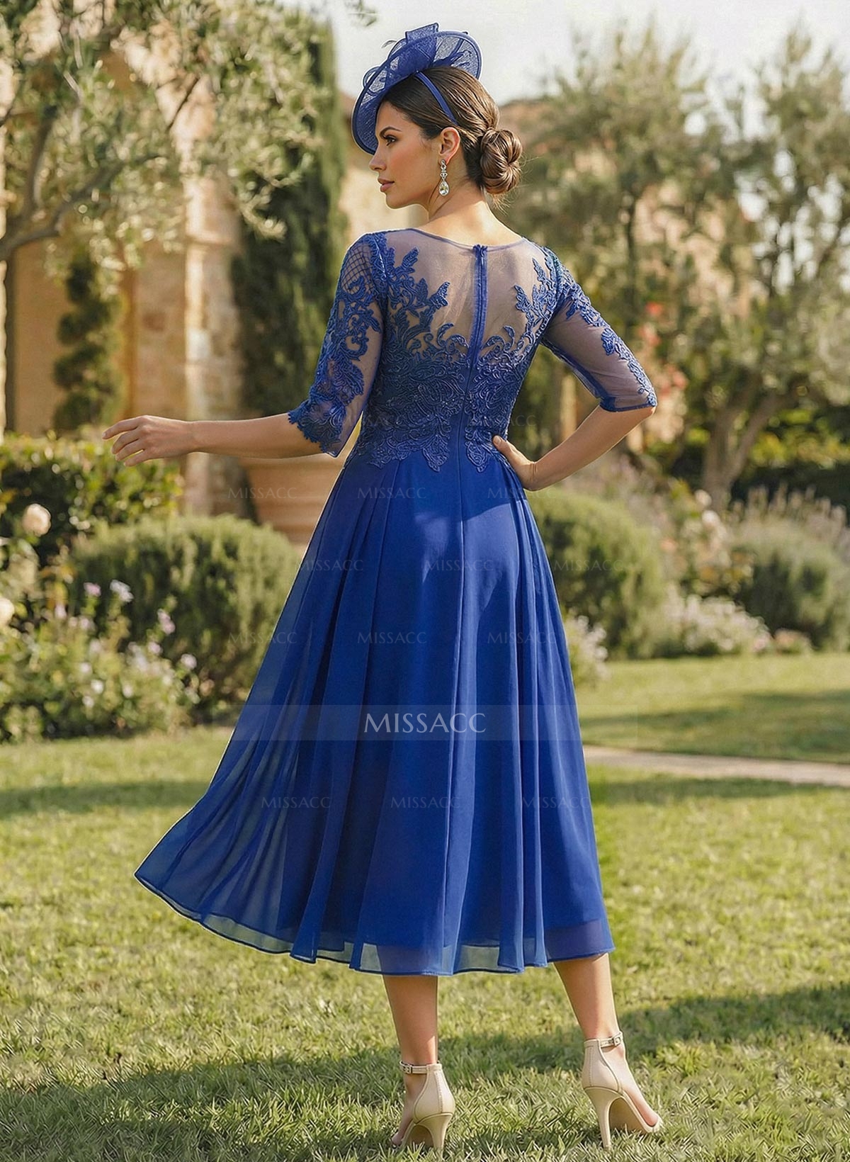 A-Line Illusion Neck Chiffon Mother Of The Bride Dresses With Appliques Lace