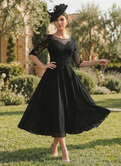 A-Line Illusion Neck Chiffon Mother Of The Bride Dresses With Appliques Lace