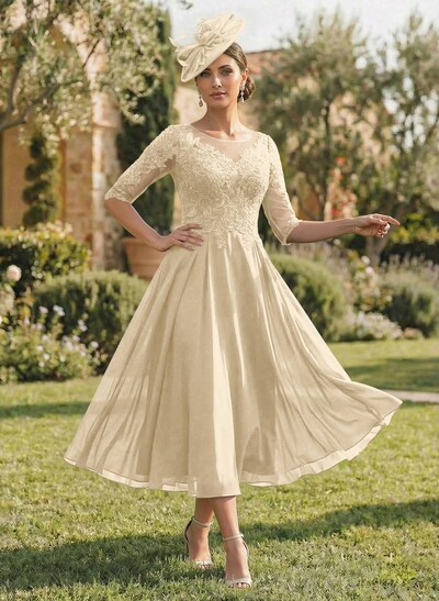 A-Line Illusion Neck Chiffon Mother Of The Bride Dresses With Appliques Lace
