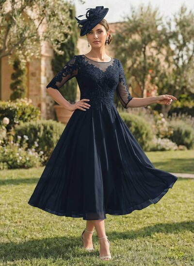 A-Line Illusion Neck Chiffon Mother Of The Bride Dresses With Appliques Lace