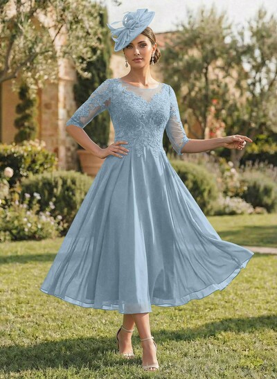 A-Line Illusion Neck Chiffon Mother Of The Bride Dresses With Appliques Lace