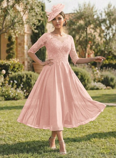 A-Line Illusion Neck Chiffon Mother Of The Bride Dresses With Appliques Lace