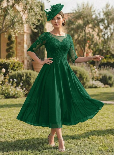 A-Line Illusion Neck Chiffon Mother Of The Bride Dresses With Appliques Lace