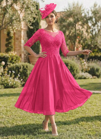 A-Line Illusion Neck Chiffon Mother Of The Bride Dresses With Appliques Lace