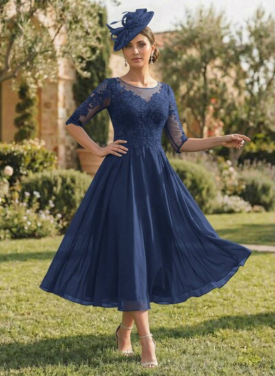 A-Line Illusion Neck Chiffon Mother Of The Bride Dresses With Appliques Lace