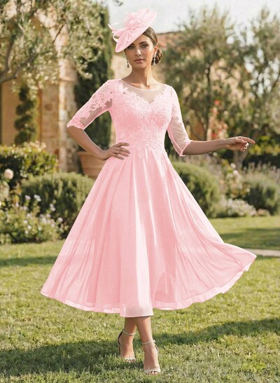 A-Line Illusion Neck Chiffon Mother Of The Bride Dresses With Appliques Lace