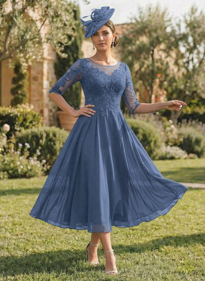 A-Line Illusion Neck Chiffon Mother Of The Bride Dresses With Appliques Lace