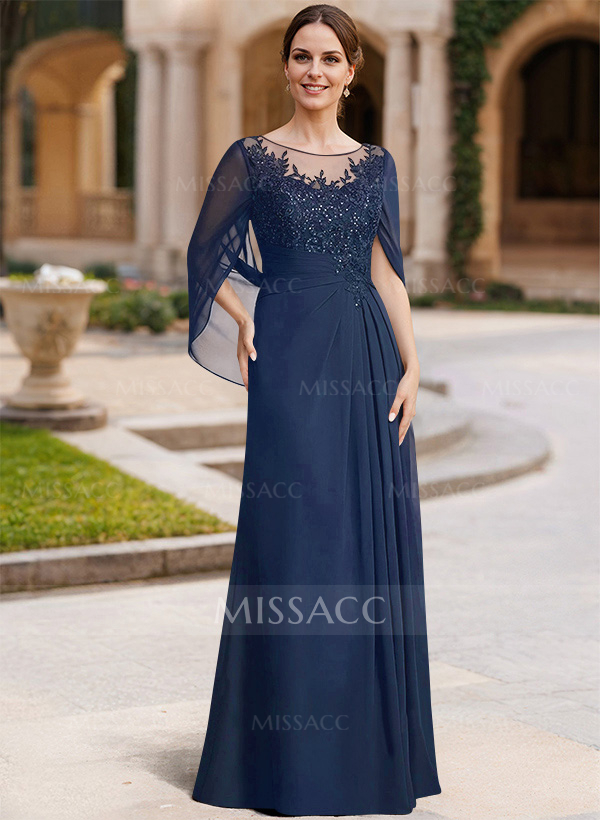 A-Line Illusion Neck Chiffon Mother Of The Bride Dresses With Appliques Lace