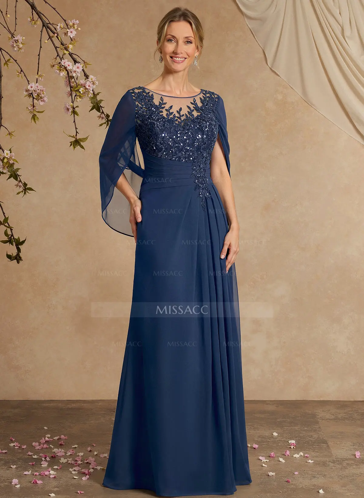 A-Line Illusion Neck Cape Sleeves Floor-Length Chiffon Mother Of The Bride Dresses With Appliques Lace #SMBD11751  $149