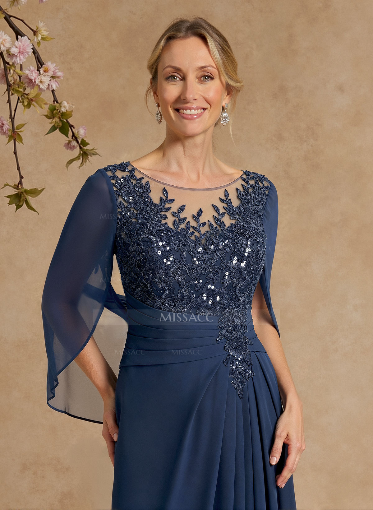 A-Line Illusion Neck Chiffon Mother Of The Bride Dresses With Appliques Lace