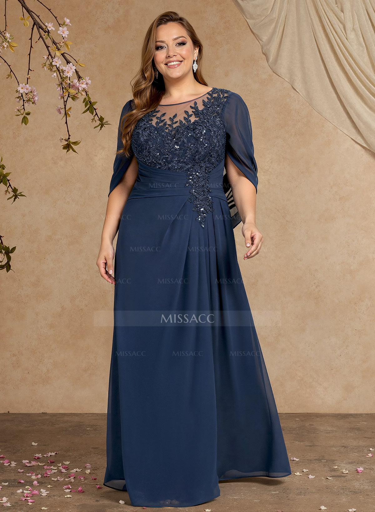 A-Line Illusion Neck Chiffon Mother Of The Bride Dresses With Appliques Lace
