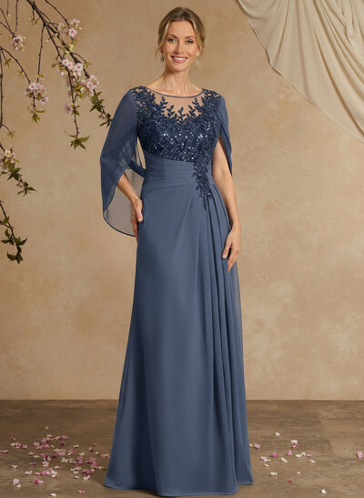 A-Line Illusion Neck Chiffon Mother Of The Bride Dresses With Appliques Lace