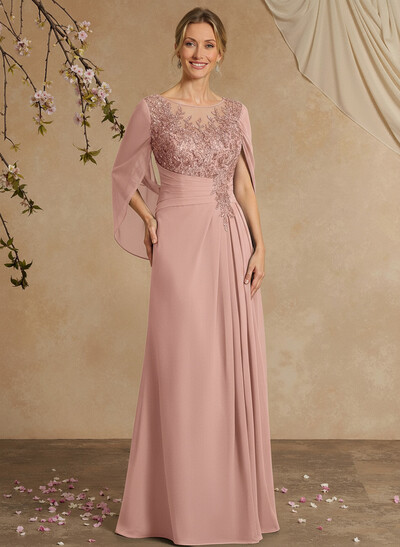 A-Line Illusion Neck Chiffon Mother Of The Bride Dresses With Appliques Lace