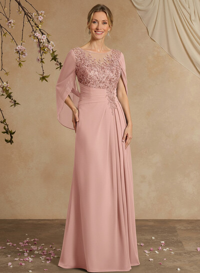 A-Line Illusion Neck Chiffon Mother Of The Bride Dresses With Appliques Lace