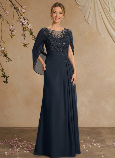 A-Line Illusion Neck Chiffon Mother Of The Bride Dresses With Appliques Lace
