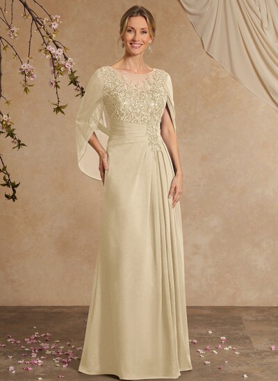A-Line Illusion Neck Chiffon Mother Of The Bride Dresses With Appliques Lace
