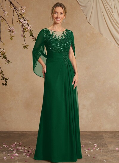 A-Line Illusion Neck Cape Sleeves Floor-Length Chiffon Mother Of The Bride Dresses With Appliques Lace