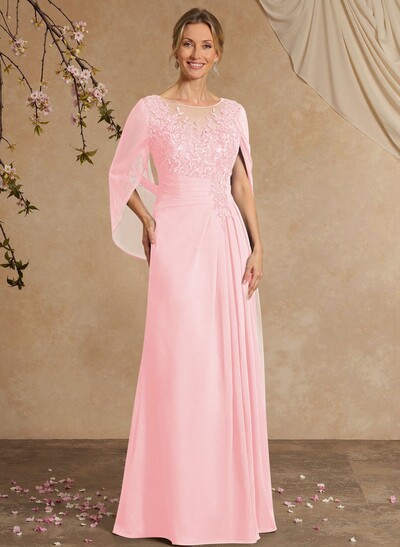 A-Line Illusion Neck Cape Sleeves Floor-Length Chiffon Mother Of The Bride Dresses With Appliques Lace