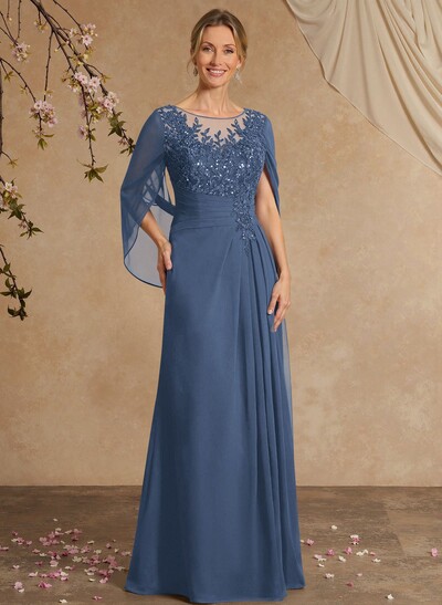 A-Line Illusion Neck Chiffon Mother Of The Bride Dresses With Appliques Lace