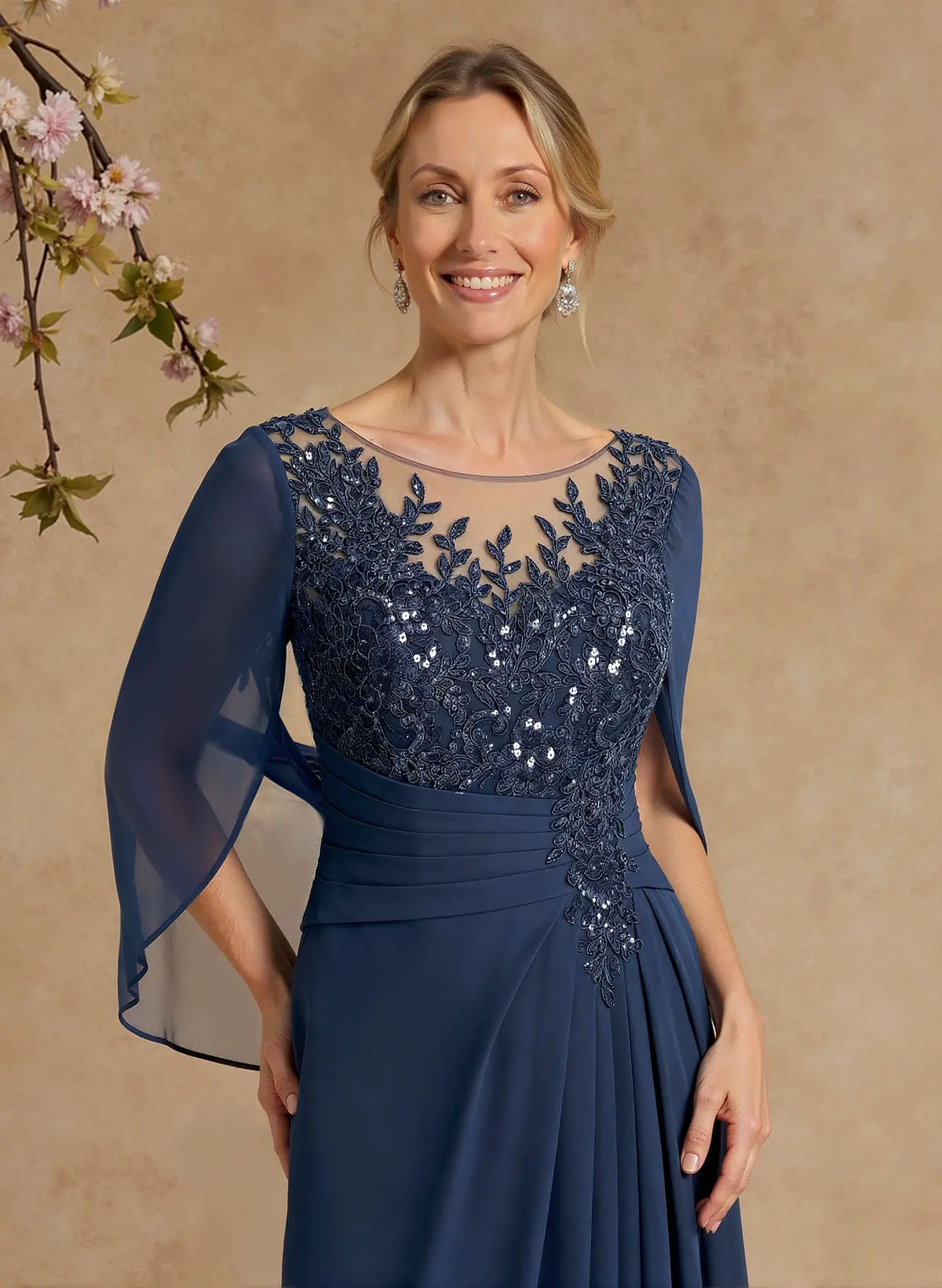 A-Line Illusion Neck Cape Sleeves Floor-Length Chiffon Mother Of The Bride Dresses With Appliques Lace