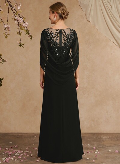 A-Line Illusion Neck Cape Sleeves Floor-Length Chiffon Mother Of The Bride Dresses With Appliques Lace
