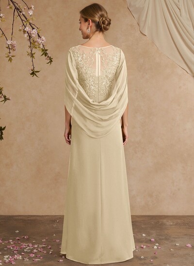 A-Line Illusion Neck Cape Sleeves Floor-Length Chiffon Mother Of The Bride Dresses With Appliques Lace