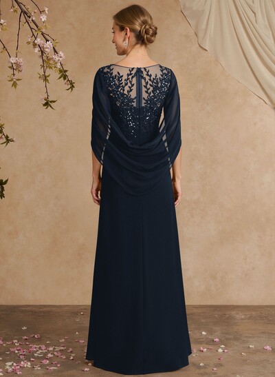 A-Line Illusion Neck Cape Sleeves Floor-Length Chiffon Mother Of The Bride Dresses With Appliques Lace